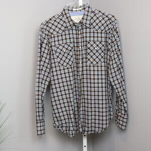 Cotton Land Plaid Western Pearl Snap Shirt Men’s Size M Brown Blue